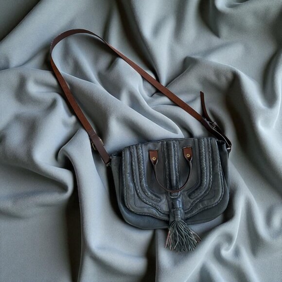 HOLDING HORSES Blue Leather Tassle Crossbody Bag - Picture 1 of 13